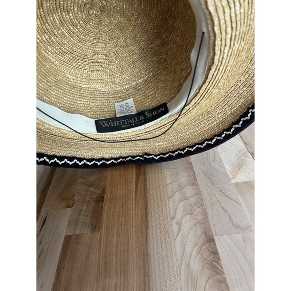Vintage Women\'s Straw Boater Hat Wide Brim Blue White Grosgrain Ribbon Bow main image 8
